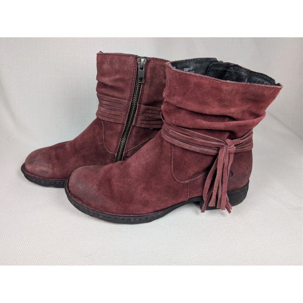 Born Burgundy Suede Slouchy Fringe Tassel Ankle Boots Womens 7M D70347 CQF17